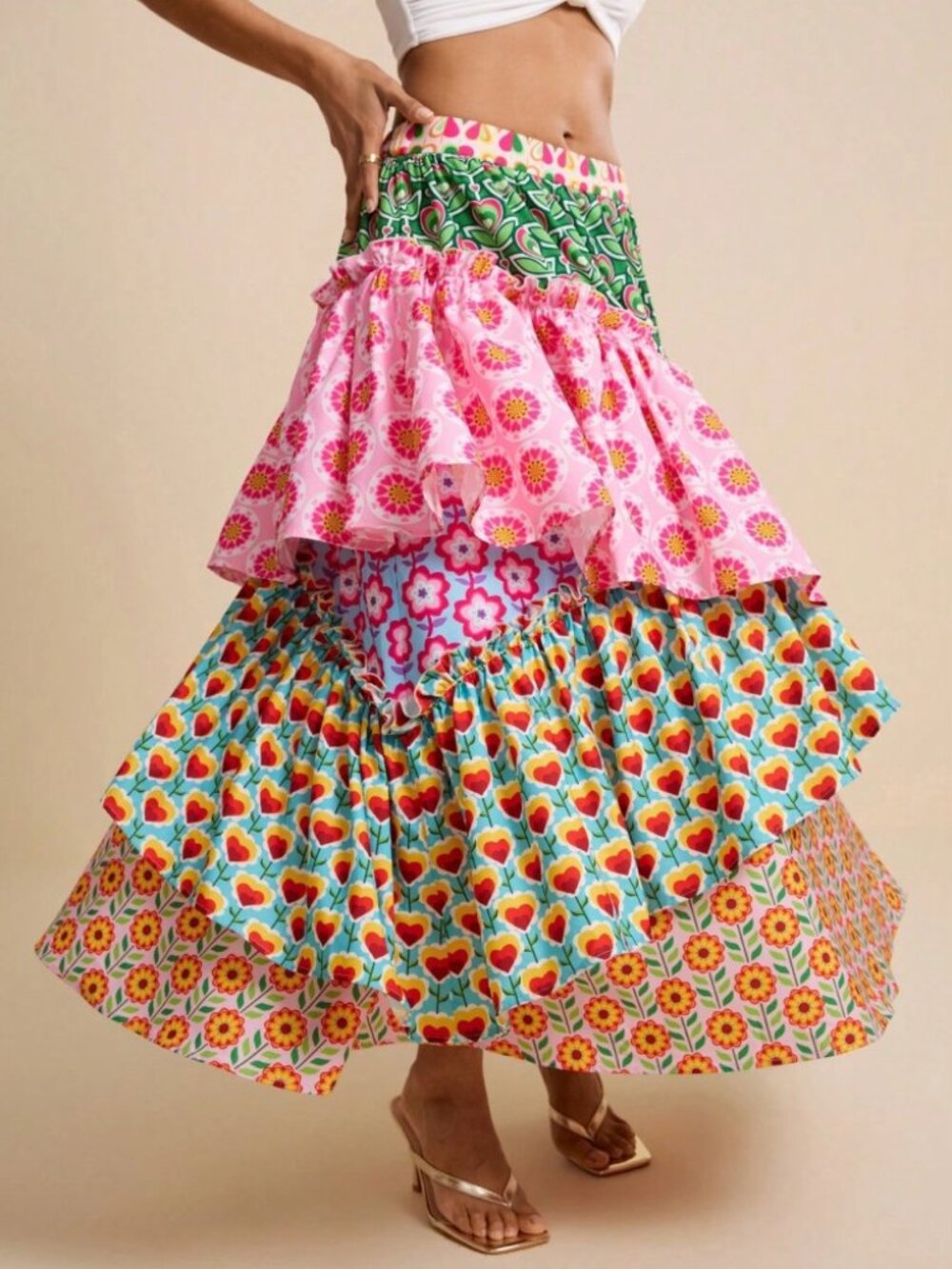 Pink Mixed Floral Tiered Ruffle Maxi Skirt - Picture 1 of 6